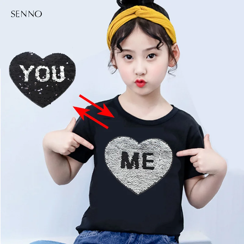 Camiseta de lentejuelas niñas, camisa con corazón brillante, reversible, verano - AliExpress Madre y