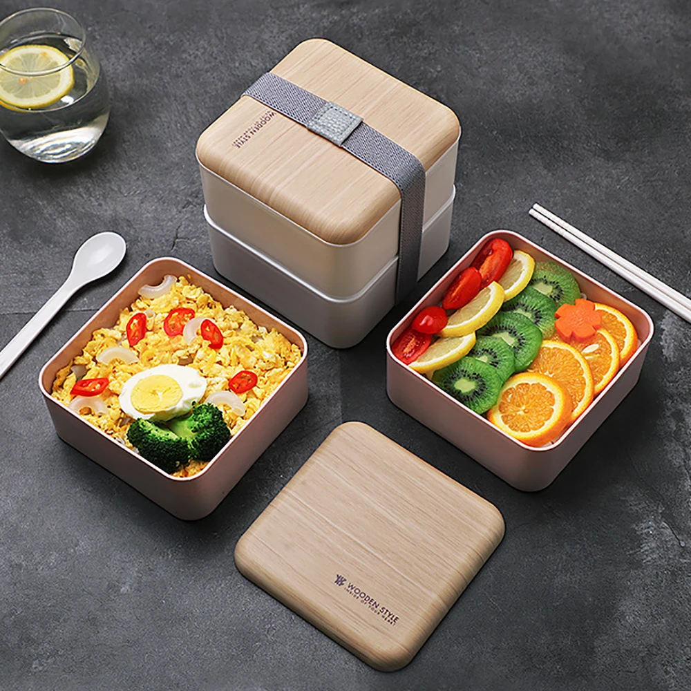 

Microwave Double Layer Rectangular Lunch Box 1400ml Wooden Feeling Salad Bento Box Portable Container Box Workers Student