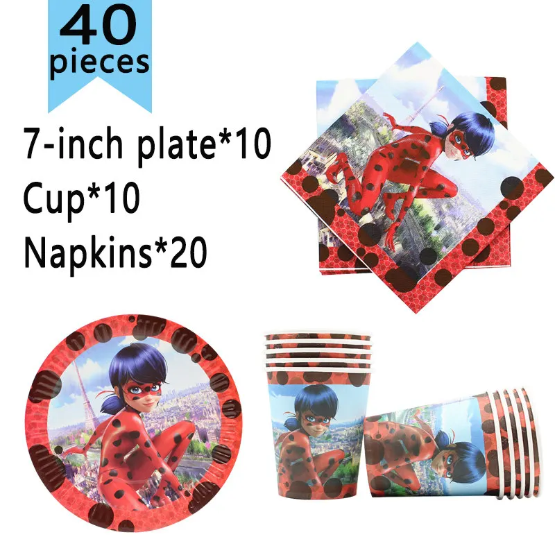 

40pcs Laybug Birthday Party Decorations Disposable Tableware Paper Plates Cups Napkins Party Supplies Girls Baby Shower Favors