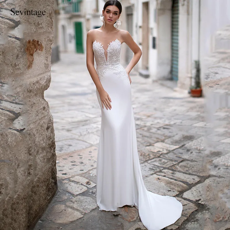 

Sevintage Sexy New Mermaid Boho Wedding Dresses 2 Pieces O-Neck Sleeveless Removable Sweep Train Lace Bridal Gowns See Though