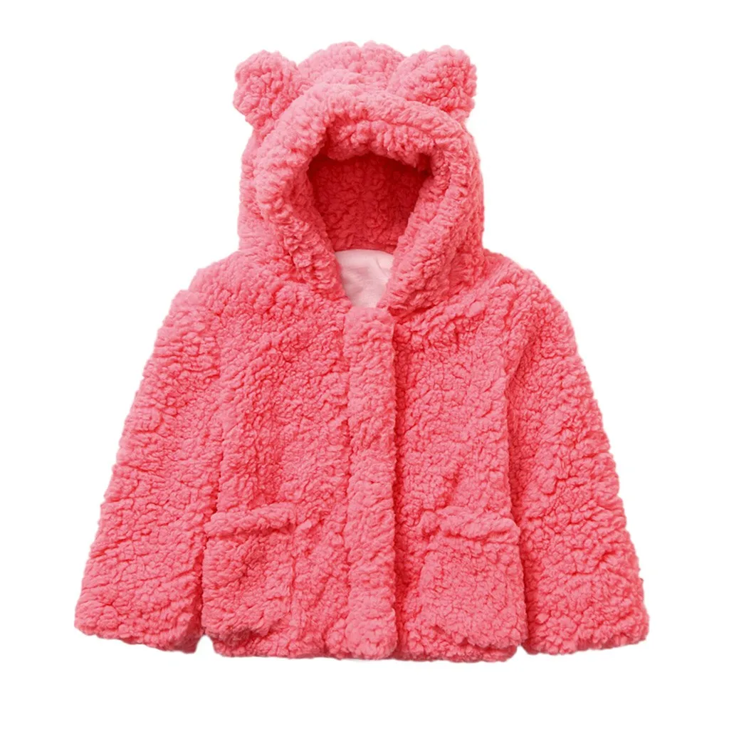 Уши панды, зимние пальто для маленьких девочек и мальчиков, куртка флисовая с капюшоном, куртка для новорожденных, верхняя одежда, повседневная однотонная одежда для маленьких мальчиков и девочек, пальто - Цвет: Розовый