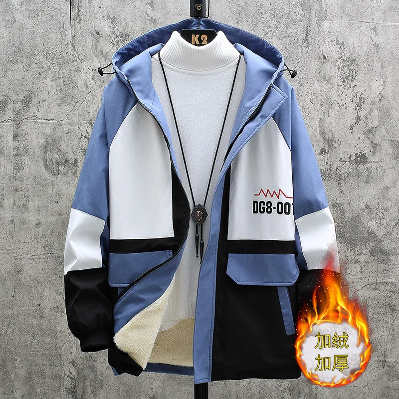

Jacket men's autumn and winter new men's velvet thick hooded jacket Korean version of loose tooling outerwear winter clothes