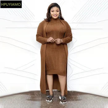 

Women Knited Sweater Dresses Two Pieces Sets Cardigans with Long Knitting Dress Elastic Autumn Winter Fashion Plus Size Ladies