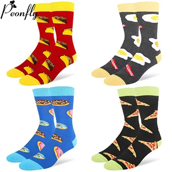 

PEONFLY New 2020 Autumn Winter Men Socks Funny Pizza Hamburger Pattern Happy Socks Comfort Causal Wedding Cotton Socks
