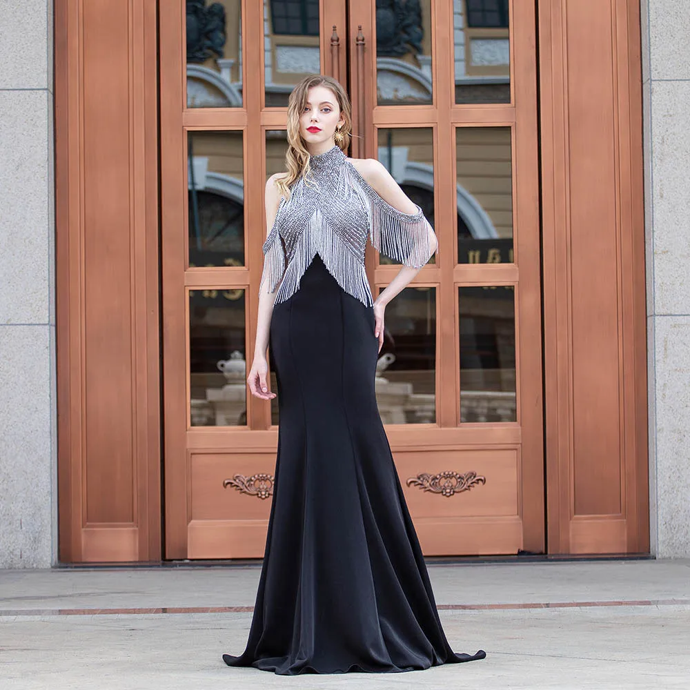 YQLNNE сексуальное черное вечернее платье без рукавов Длинные Холтер Стразы ручной