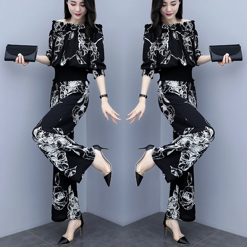 

Summer Plus Size 2 Piece Set Women Printing Slash Neck Three Quarters Sleeve+Elastic Wide Leg Long Pants Sexy Conjunto Feminino