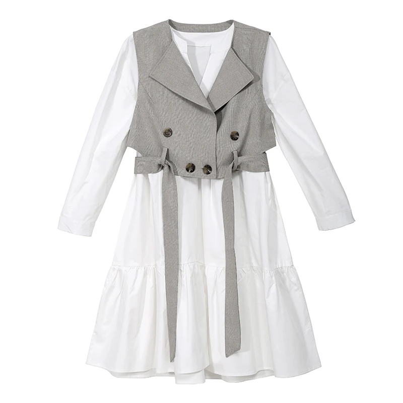 Новинка, женское осеннее платье миди в Корейском стиле, комплект с поясом, v-образный вырез, длинный рукав, длина до колена, женское стильное платье, Vestidos 5509 - Цвет: White 5509