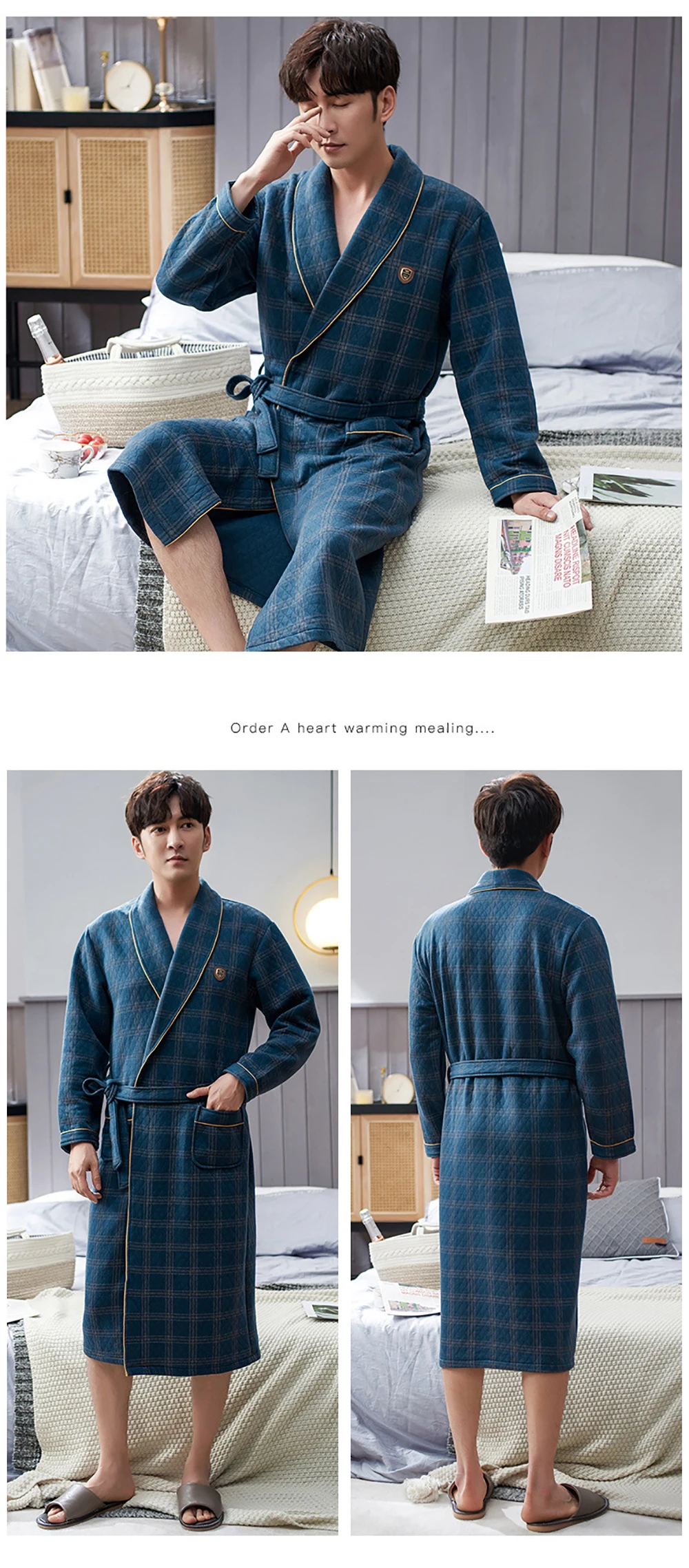silk pj set Autumn Winter Thick Warm Men Robe Bathrobe 100%Cotton Air Interlayer Bath Sleepwear Luxury Men Kimono Solid Plaid Dressing Gown best silk pajamas