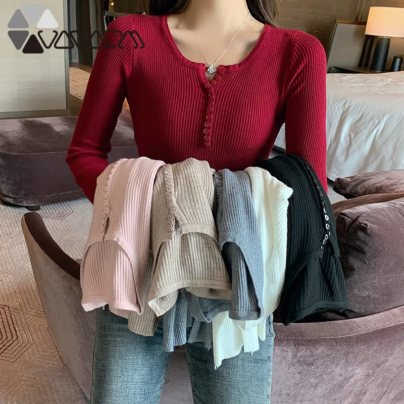 2020 Knitted Basic Sweaters Women Autumn Winter Slim Sweater Fashion Button V Neck Ladies Solid Color Elasticity Pullovers Tops