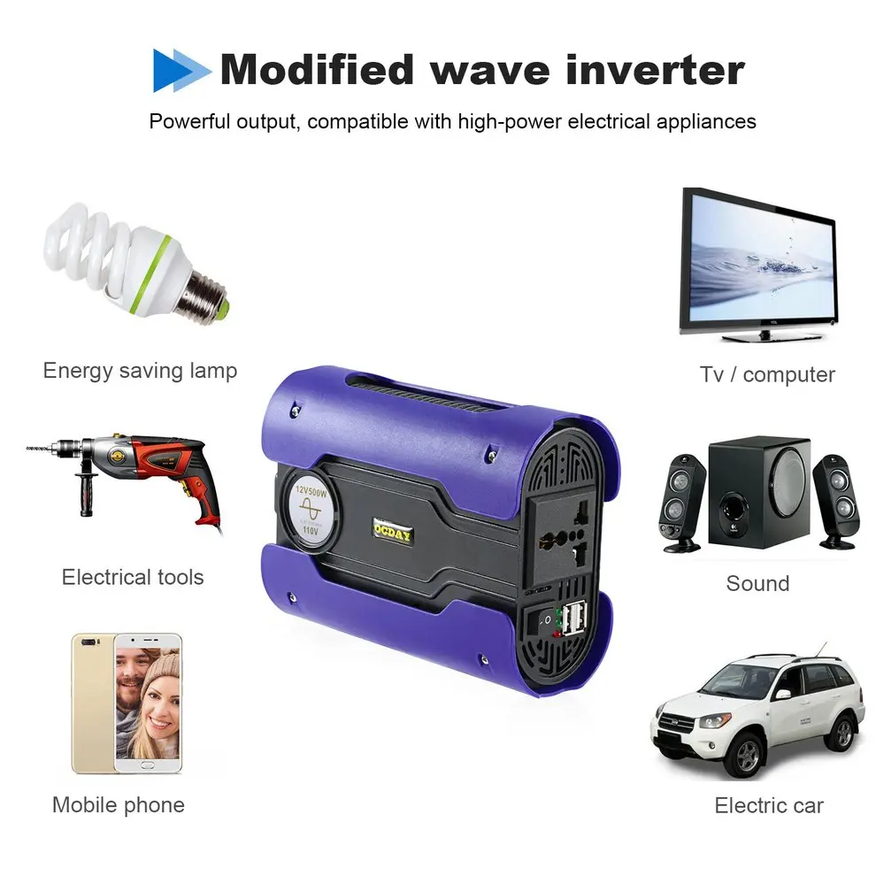 

Blue 500W Peak 1000W Pure Sine Wave Power Inverter Car Power Converter with 2 USB Port DC 12V For Home Appliance