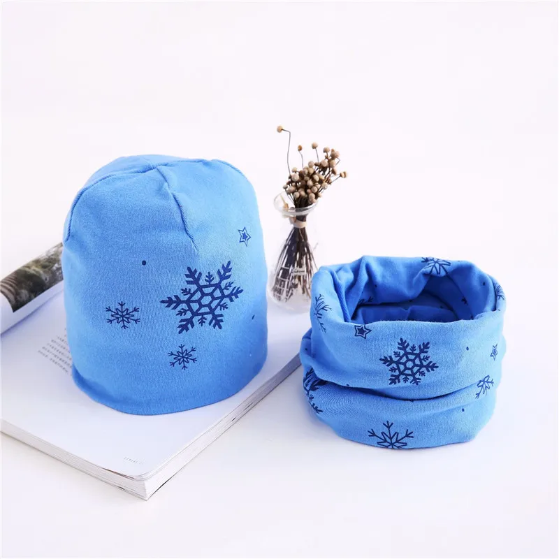 Осенне-зимний хлопковый шарф для маленьких девочек, шапка для мальчиков, шапка, набор из шапки и шарфа, Детский Теплый шейный воротник, детская шапка, шарф - Цвет: snow blue