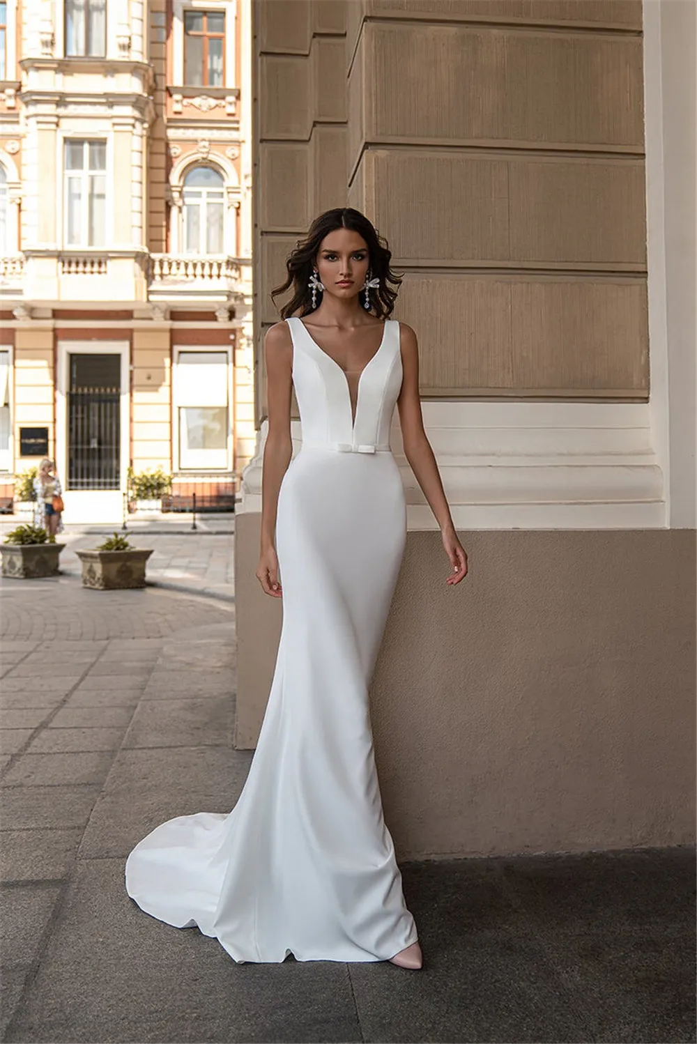 Soft Satin Sheath Wedding Dresses Boho Deep V-neck Bridal Gowns With Bow  Backless Princess Party Dress 2021 Long Train Customize - Wedding Dresses -  AliExpress