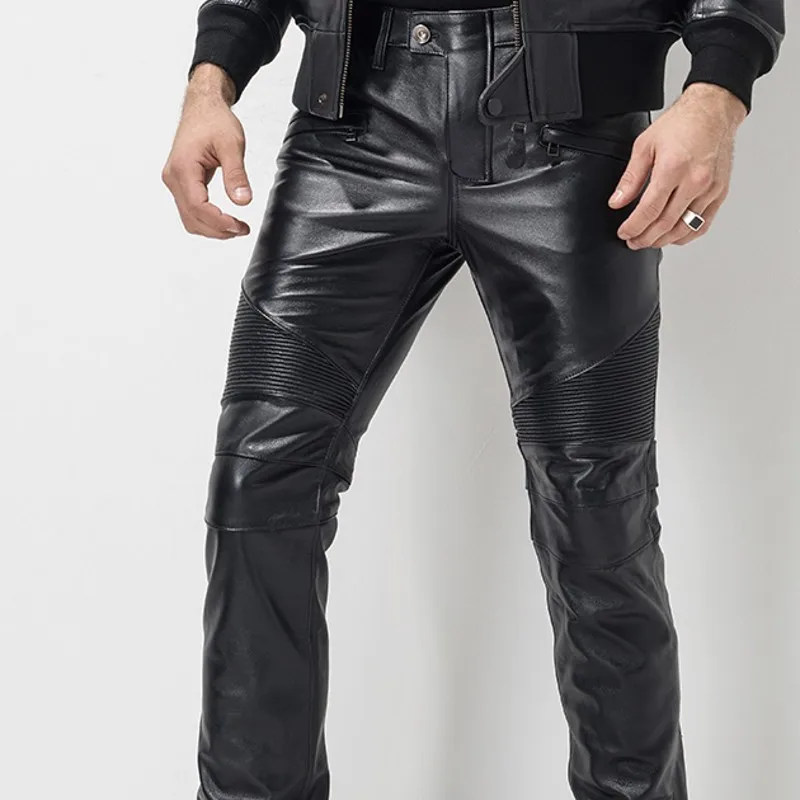 Discount European Autumn Winter Slim Mens Full Length Cowhide Pants Windproof Thick Moto Biker Pleated Genuine Leather Male Pencil Pants 5