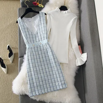 

2019 New Autumn Winter Two Piece Suit Dress Women Slim Knitted Sweater+tweed Sleeveless Dress Set Lady Elegant Dresses Sets