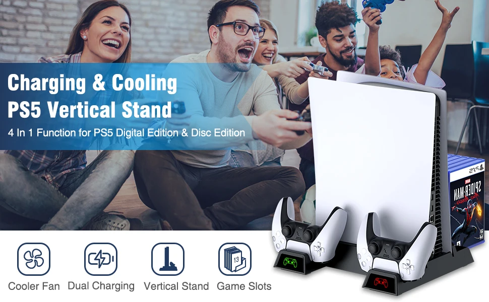  PS5 Stand Cooling Station with 13 Game Storage,Dual Fast PS5  Controller Charging Station with Cooling Fan, PS5 Cooling System PS5  Accessories Vertical Stand for Sony Playstation 5 Digital/Disc Edition :  Video