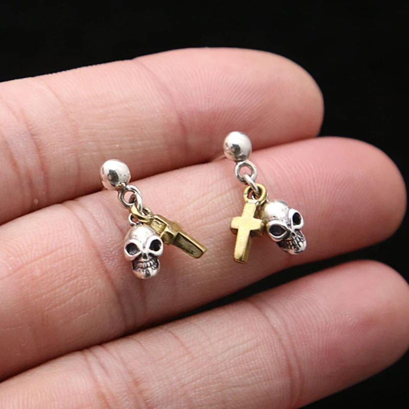 

S925 sterling silver jewelry fashion trend punk inlaid copper cross personality stud earrings