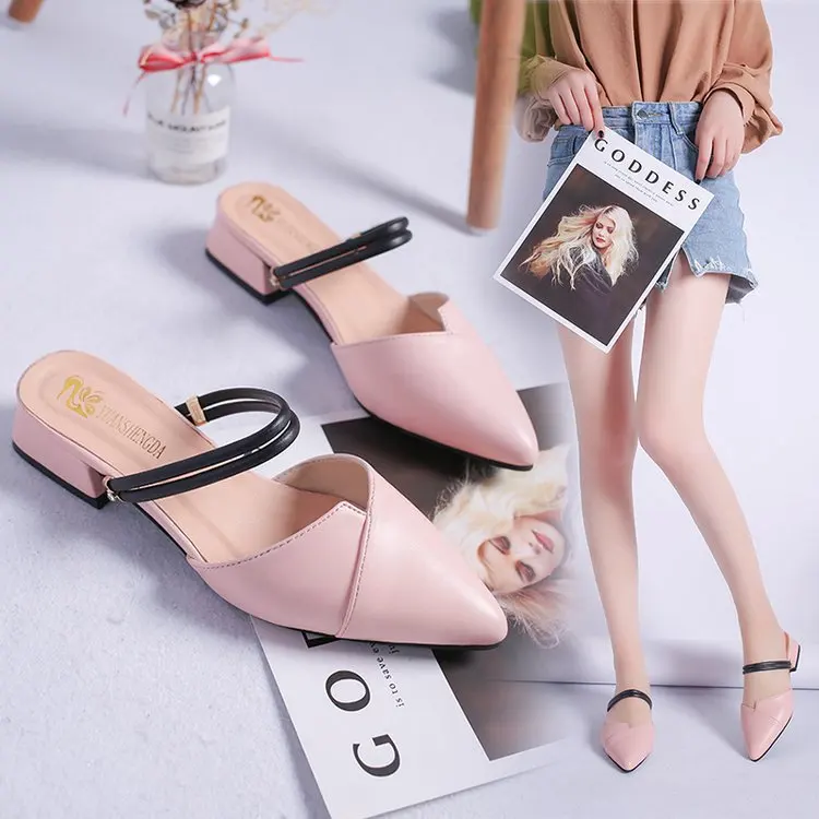 

42 Large Size Sandals Women's 2019 Summer New Style Pointed-Toe Closed-toe Hollow out Double Purpose Square Heel WOMEN'S Sandals