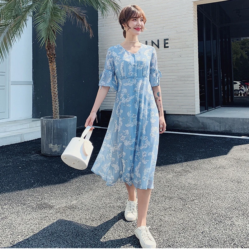 

Summer Women Print Blue Long Dress Female Boho Elegant Party Vacation Beach Lady Dress Vintage Button Korean Runway Vestidos New
