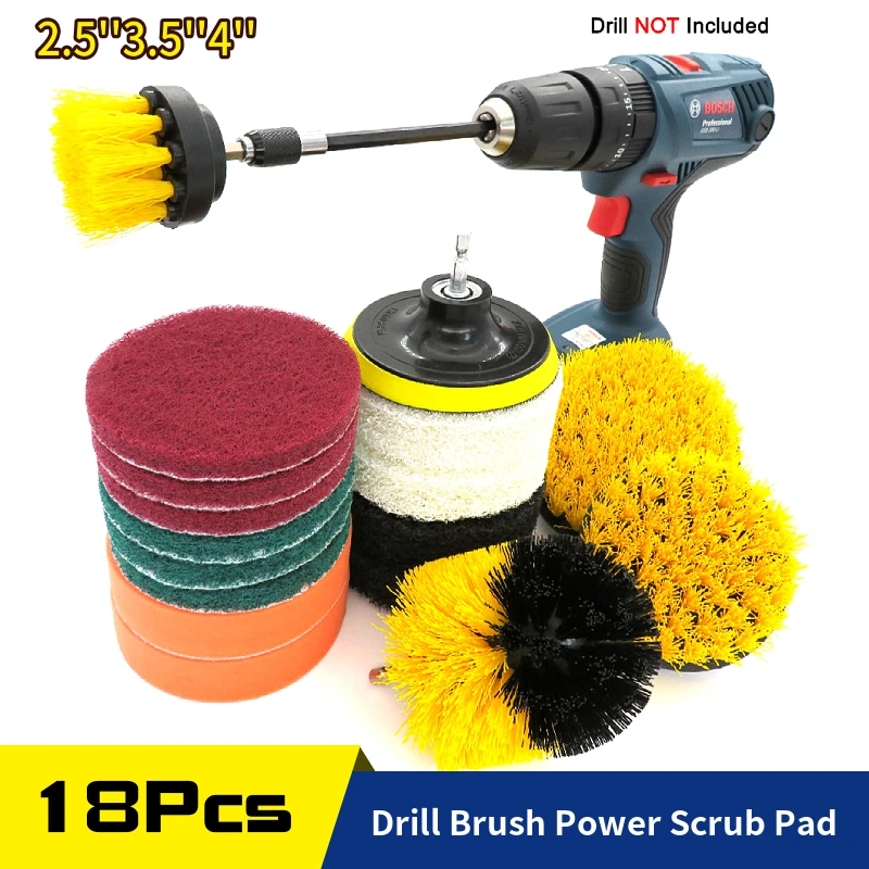 18Pcs Drill Cleaning Brush Kit ,Power Scrubber Pad, All Purpose For Leather Plastic Wooden Furniture Car Sofa, Kitchen, Bathroom