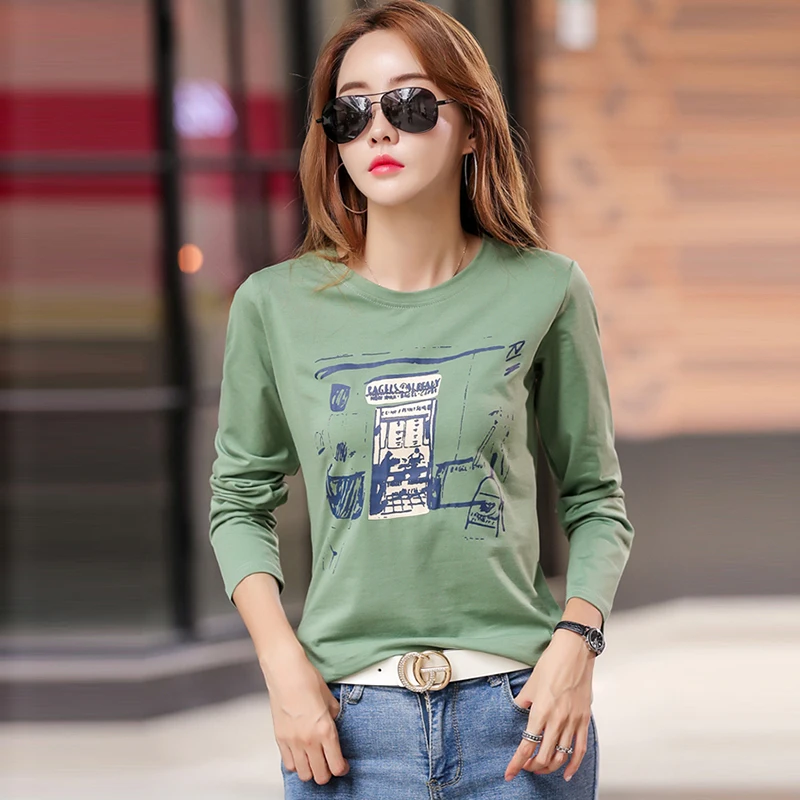 

Basic T Shirt Women Casual O-neck Harajuku Long Sleeve Autumn And Winter Top Print Korean Hipster White Tshirt Green Black