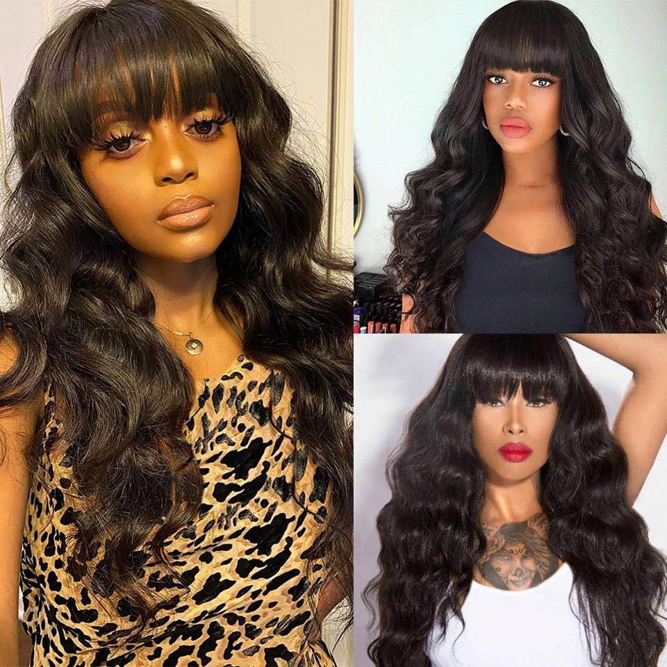 Solta com Franja Perucas de Cabelo Humano com Franja para Preto Peruca Profunda Completa Máquina Feita Remy Glueless Brasileiro Feminino 2 feita peruca remy glueless perucas de cabelo
