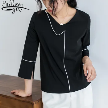 

Summer Tops for Women 2019 Women Tops and Blouse Casual Chiffon Blouse White Black Three Quarter Loose Stitching Tops 5251 50