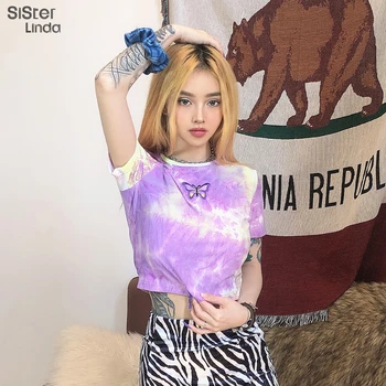 

Sisterlinda Sexy Retro T Shirt Women Crop Top Spring 2020 Tie Dye butterfly Print Knit Tops Ruched Short Sleeve Graphic Tees