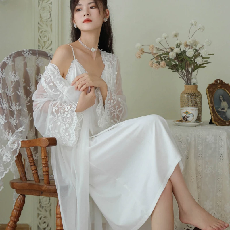 

Fairy Mesh Robe Sets Princess Sleepwear Women Bride Robe White Romantic Nightgown Vintage Peignoir Victorian Night Dress Pijamas