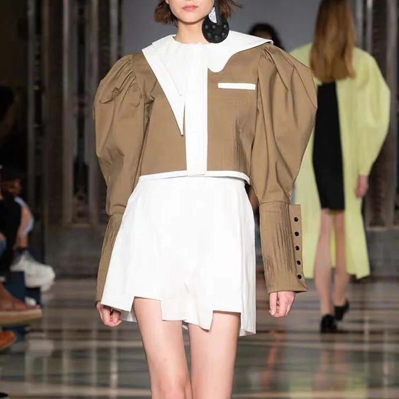 TWOTWINSTYLE элегантный хит цвет куртка для женщин нерегулярный воротник с отворотом короткий рукав фонаря пальто Женская мода лето
