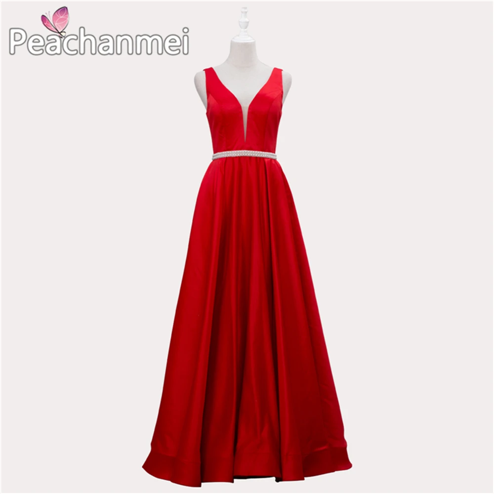 

Satin A Line Formal Evening Dress Long Beaded Pearls Robe De Soiree Prom Dresses 2020 V-Neck Backless Elegant Sexy Ball Gowns