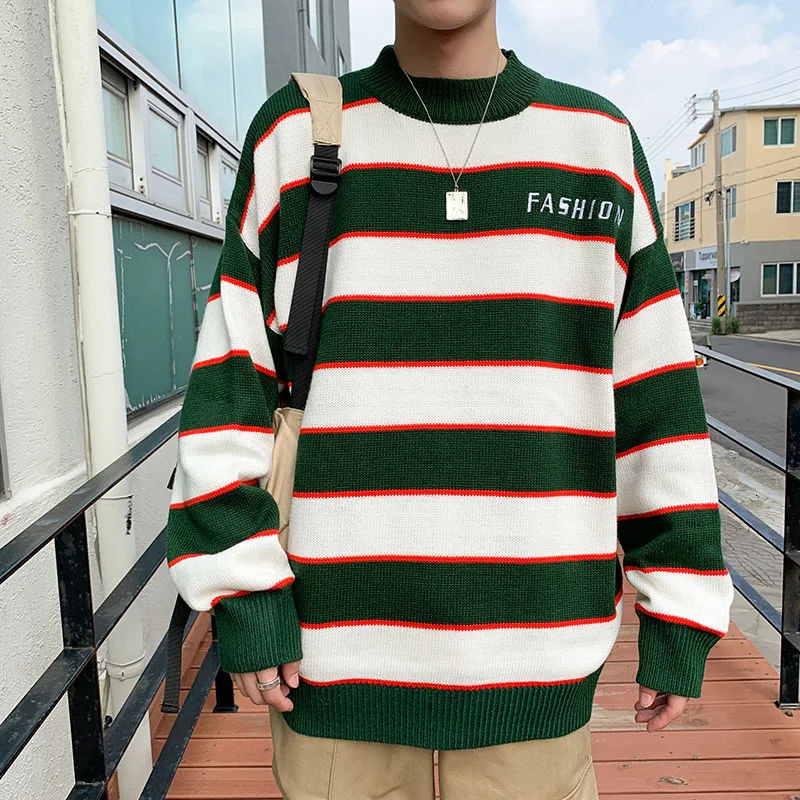 

Winter New Sweater Men Warm Fashion Contrast Color Casual O-neck Sweater Pullover Man Streetwear Loose Striped Sweater M-5XL