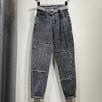 

Plus Size Hot Drilling Diamond Jeans Women's Spring New Loose-Fit High-waisted Harem Pants Denim Pants Ladies Jeans Nancylim