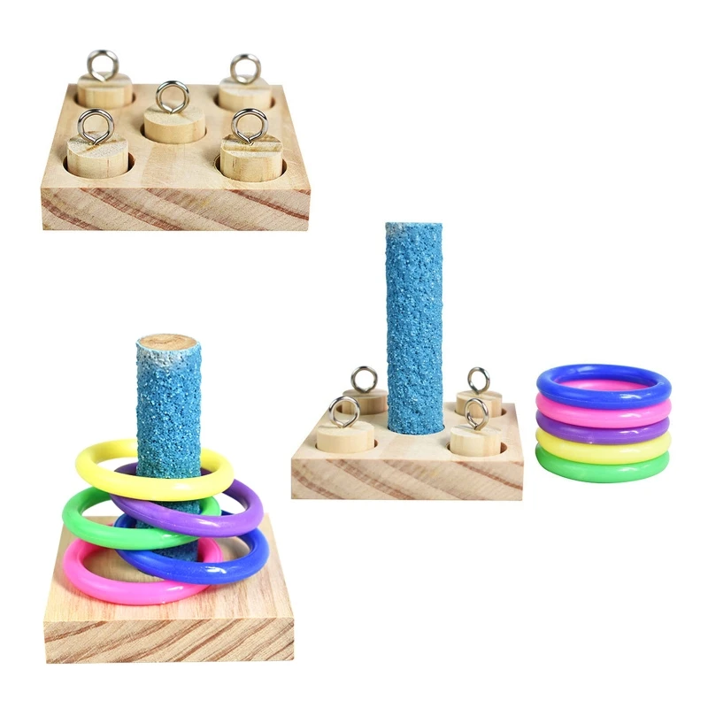 Argollas de madera para pájaros loros, plataforma de madera, anillos de plástico, entrenamiento de inteligencia, puzle, juguete, bloques para mascotas, regalos educativos