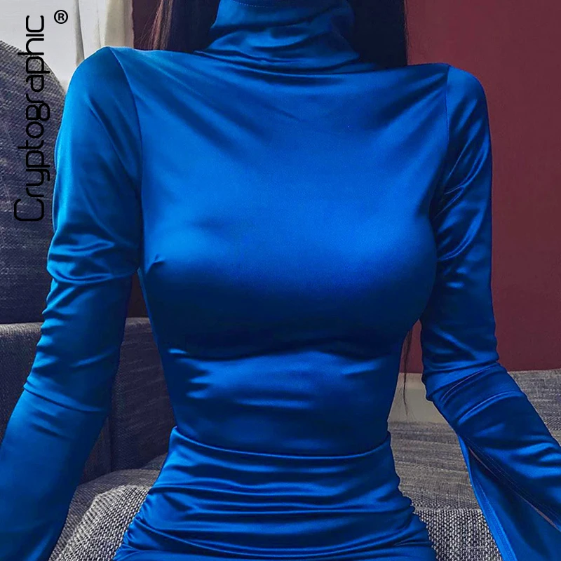 

Cryptographic 2020 Fashion Satin Dress Bodycon Zipper Blue Flare Sleeve Turtleneck Mini Dresses Solid Autumn Winter
