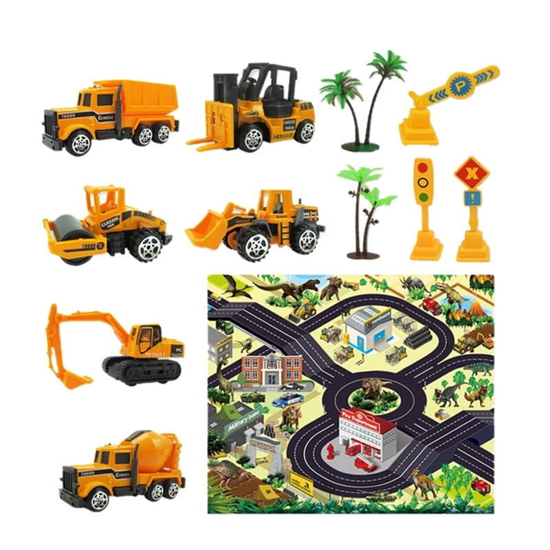 

12PCS Alloy Engineering Car Children Model Toys Educational Toys with Road Signs Carpet Game Mat Scene Construction Engineering