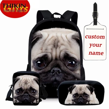 

THIKIN 3D Puppy Pug Dog Prining Backpacks School Bag 3Pcs Set For Teen Girls Kawaii Primary Bookbag Children Schoolbags Custom