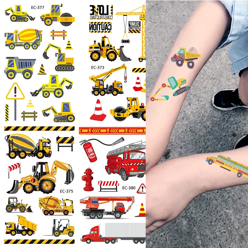 Pegatina de excavadora con tema de granja de dibujos animados para niños, vehículo de construcción, tatuaje temporal, cargador, pegatinas, regalos de fiesta de cumpleaños