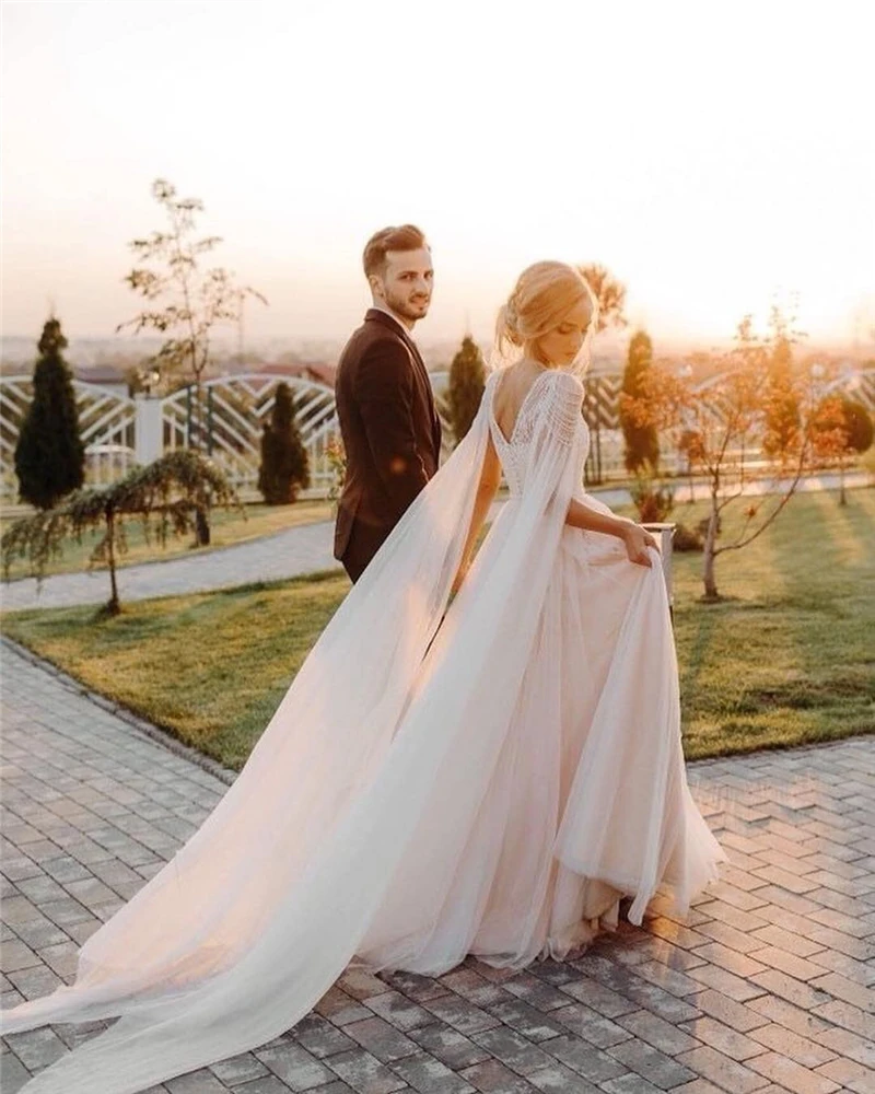 

Unique Beach Wedding Dresses 2020 Pearls Cap Sleeve A-Line Lace Appliques Princess Bride Dress Arabic Wedding Gown with Pearl