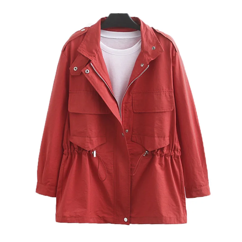 

2019 Extra Large Size XL&4XL Women's Jacket Autumn new Windbreaker Jacket Mid-Long Elastic Waist Casual Coat Ladies Tooling A93