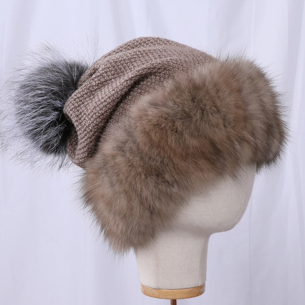 Высококачественная женская зимняя вязаная шерстяная шапка Belend в стиле пэчворк, натуральный мех соболя, норковая шапка, натуральный мех соболя, Шапка-бини, женские модные шапки, теплые роскошные шапки с помпонами из