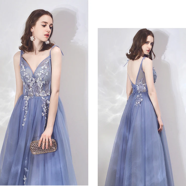 SSYFashion New Grey Blue Long Evening Dress V-neck Sleeveless Lace Flower Beading Formal Party Gowns Custom Vestidos De Noche