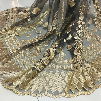 

African Lace Fabric French Net gold thread positioning wavy Embroidery Tulle Lace Fabric For Nigerian party Dress wedding dress