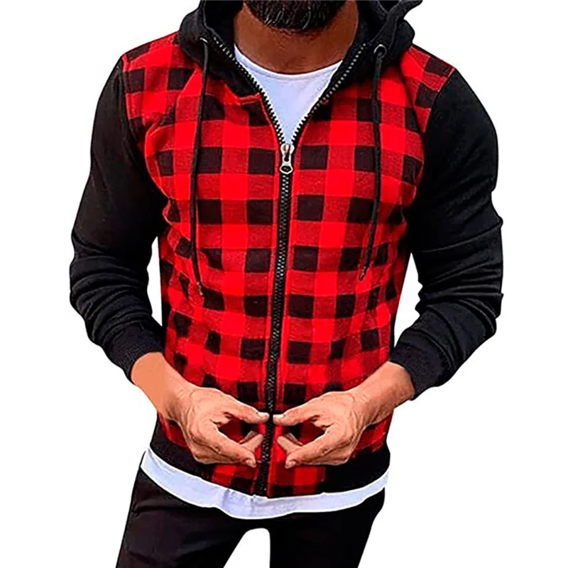 Suéter con cremallera lisa y estampado a cuadros para hombre, jersey con capucha con diseño de cordón, puños elásticos, ropa de talla grande para Otoño e Invierno