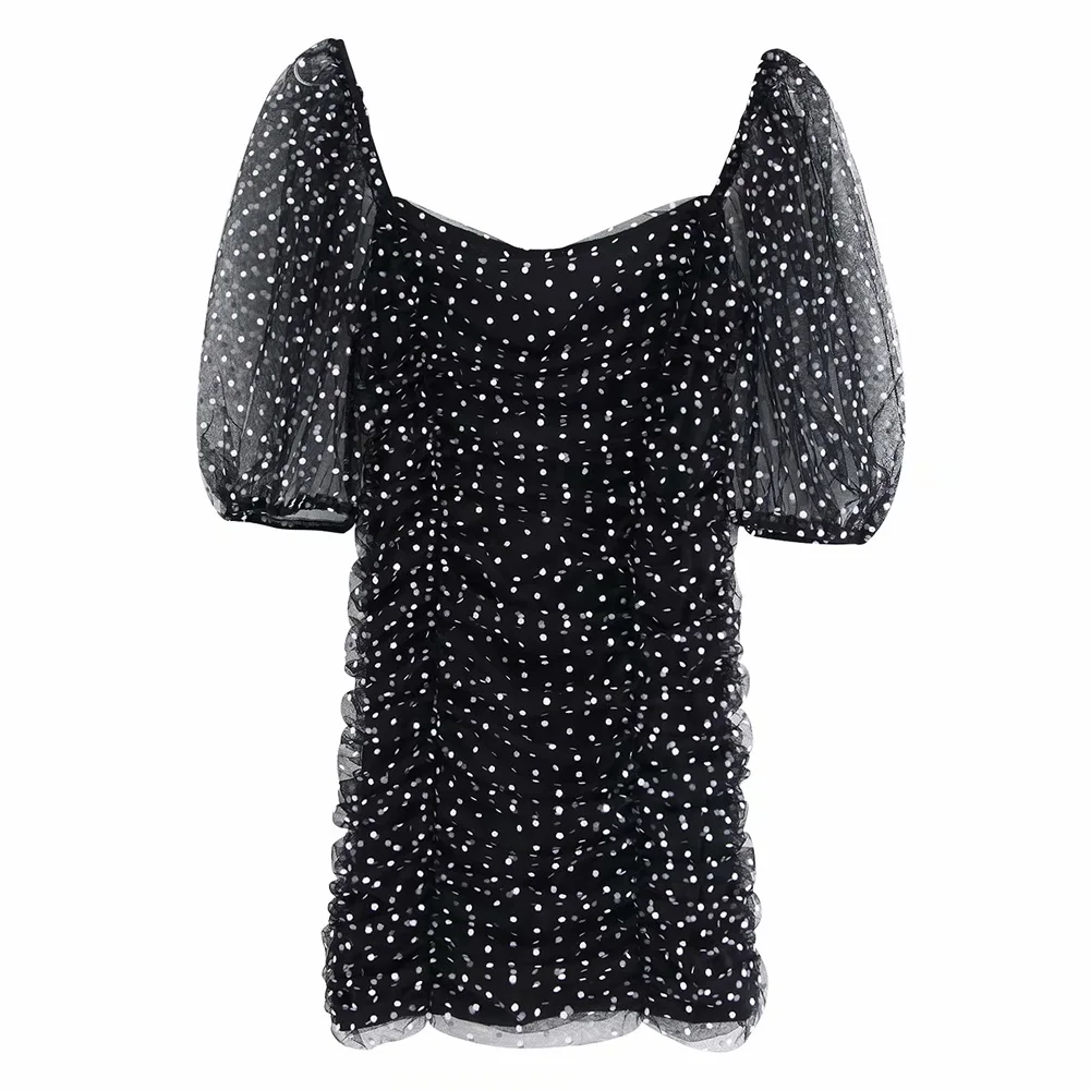 

Autumn 2009 women's wear new style retro pleated square collar bubble short sleeve slim package hip wave point Juan net dress