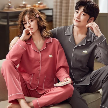 

MELIFLE Autumn Cotton Couple Pajamas Set Winter Warm Satin Kawaii Sleepwear Suit for Women Atoff Home Silk Soft Men's Nightwear