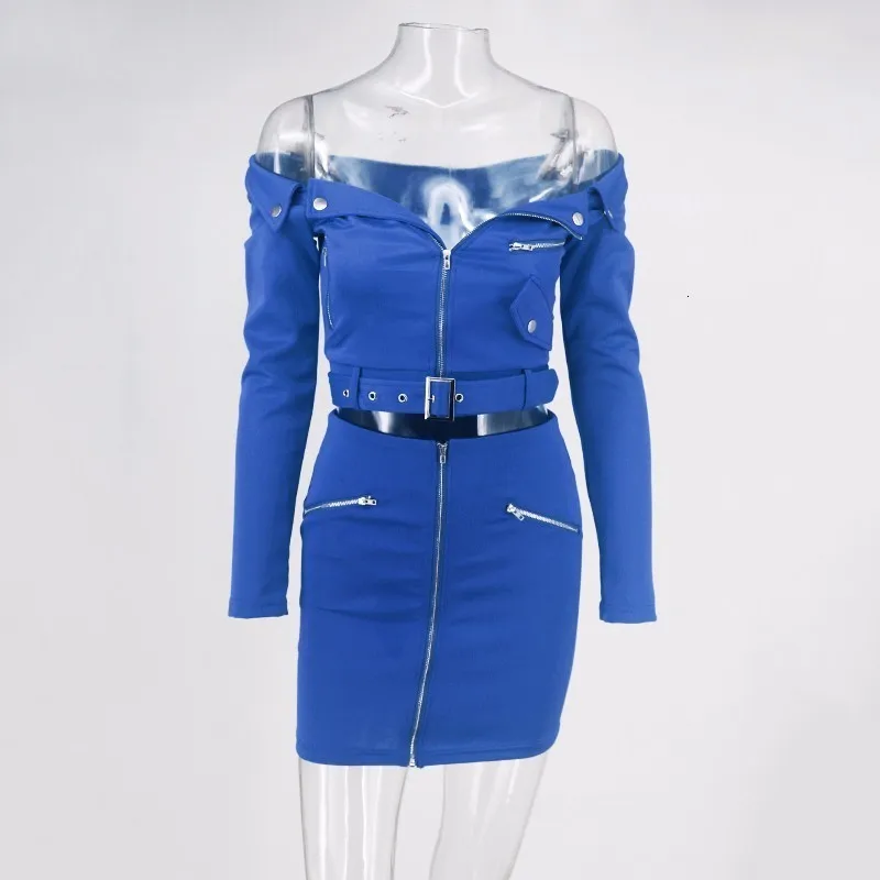 Ceremokiss, сексуальный комплект из двух предметов, с открытыми плечами, на молнии, облегающий Женский комплект 2 шт., с длинным рукавом, с поясом, топ и юбка, летний комплект - Цвет: Blue