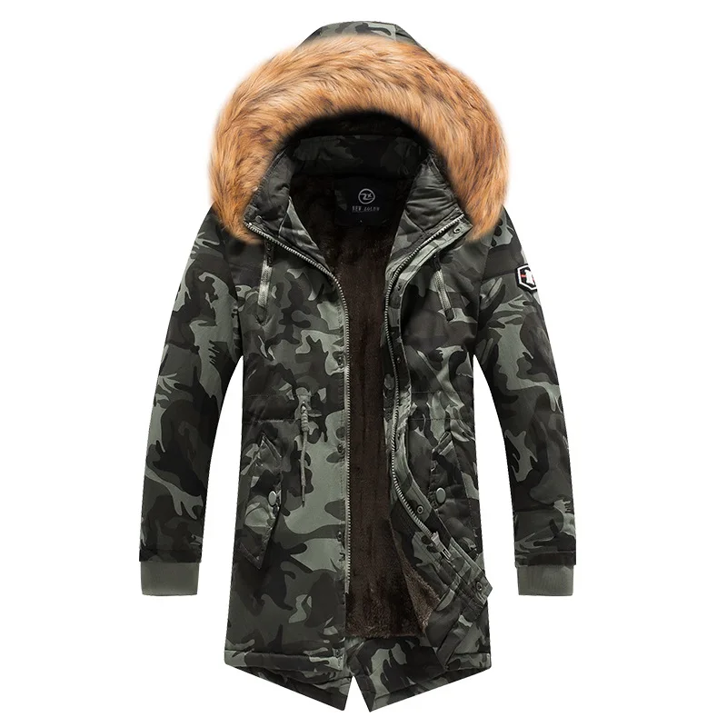 Winter Long Parka Camo Men's Hooded Jacket Thick Camouflage Coat Cotton Padded Warm Fur Collar Hat High Quality Windproof - Цвет: HQ910 Dark Green