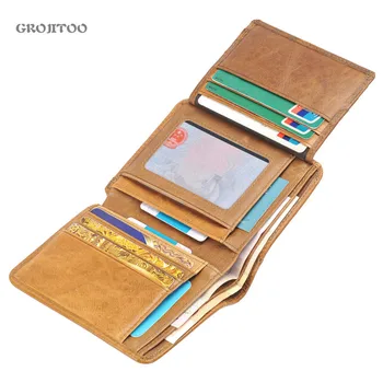 

GROJITOO High Quality Leather Men Wallet Short Vintage Three Fold Wallet Cowhide Leather Wallet Large Capacity Card Men Purse
