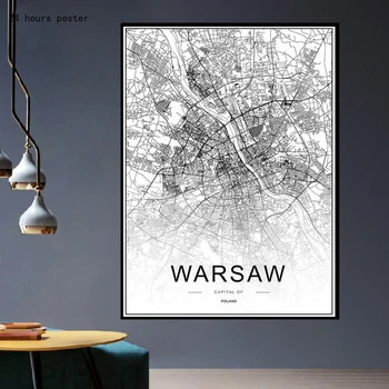 

Poland Warsaw Modern Art Print Decoration Black and White City Map Home Print Printing Wall Decoration Painting