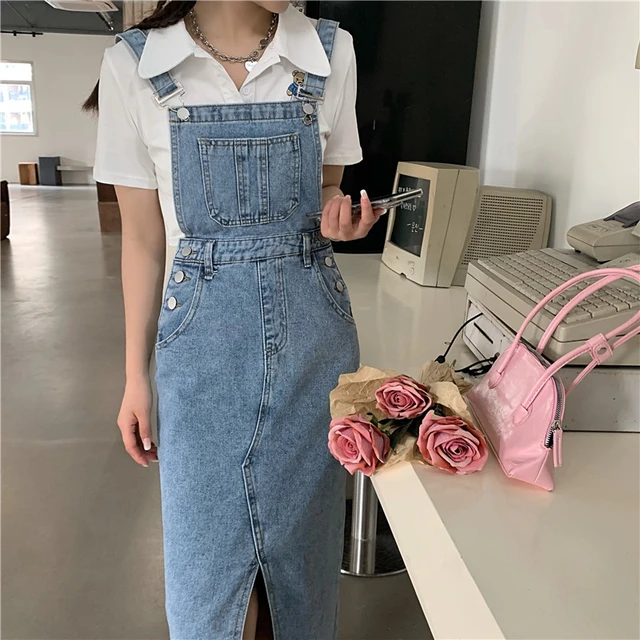 NEW Womens Washed Denim Dress Long Slim Casual Jean Shirt Dress Jumpsuit  Overall | eBay